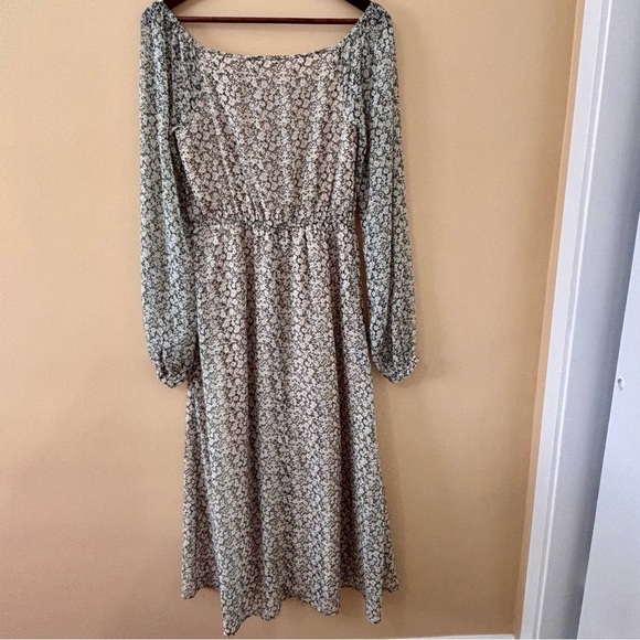 Oak+Fort|‎ Off-the-Shoulder Sage Green Floral Long Sleeve Lined Midi Dress Sz S - Picture 5 of 8